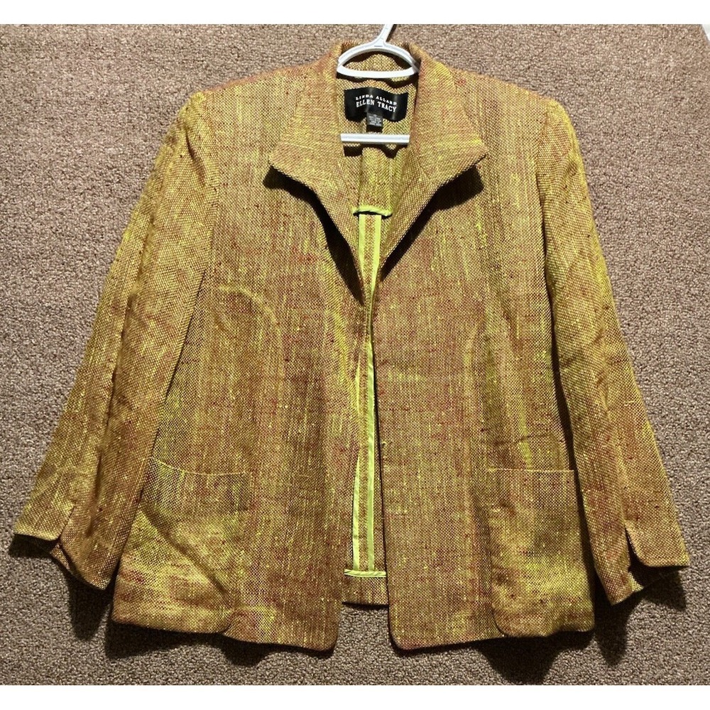 Linda‎ Allard Ellen Tracy Linen Blend Jacket Yellow/burgundy Textured Weave 12